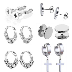 Cross Earrings <b>Set</b> 12 <b>Pc</b> Black Zinc Alloy Stud Hoop Screw Earrings Men's Fashion Jewelry - Product Image 4