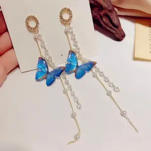 Korean Long Tassel Butterfly Drop Earrings Elegant Pearl Crystal Hanging Women's Earrings Fashion Jewelry Party Gift