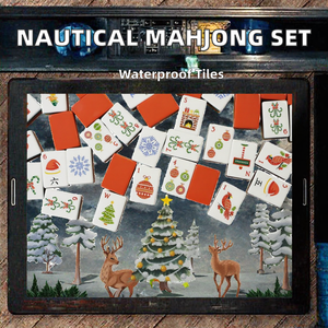 Jeu de tuiles de Mahjong américain de luxe moderne, thème côtier nautique, bleu marine, jaune, imprimé ancre et floral, portable pour les soirées de jeu en famille - Product Image 2