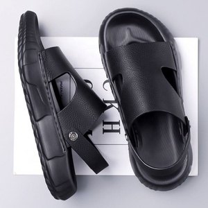 Sandales pour hommes en cuir véritable à imprimé léopard, à enfiler, à bout ouvert, décontractées d'été, antidérapantes, avec semelle en caoutchouc confortable - Product Image 3