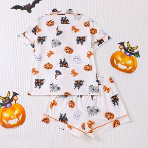 Set pigiama da <span class=keywords><strong>donna</strong></span> carino e femminile per Halloween, con stampa <span class=keywords><strong>casa</strong></span> infestata, zucca e fantasma, maglietta a maniche corte e pantaloncini con elastico in vita - Product Image 2