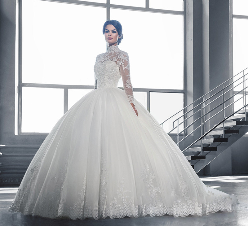 chinese dress ladies High Neck Lace Long Sleeves Wedding Dress,Fit and Flare Wedding Dress,WD00661, US22W / White main image 1