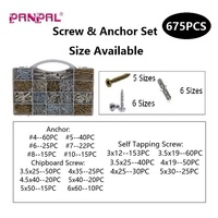 Kit d'assortiment de 675 attaches, chevilles murales, vis autoperceuses pour aggloméré, kit de quincaillerie mixte pour l'entretien et le bricolage
