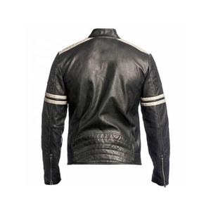 100% veste de motard pour hommes en cuir d'agneau véritable à manches noires toile respirante-rayures blanches-veste de moto à la mode - Product Image 2