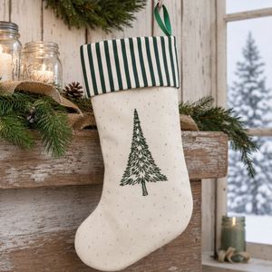 Chaussette de Noël Grande en Lin, Broderie Arbre de Noël Vert, Décoration Suspendue pour Cheminée et Fêtes - Product Image 3