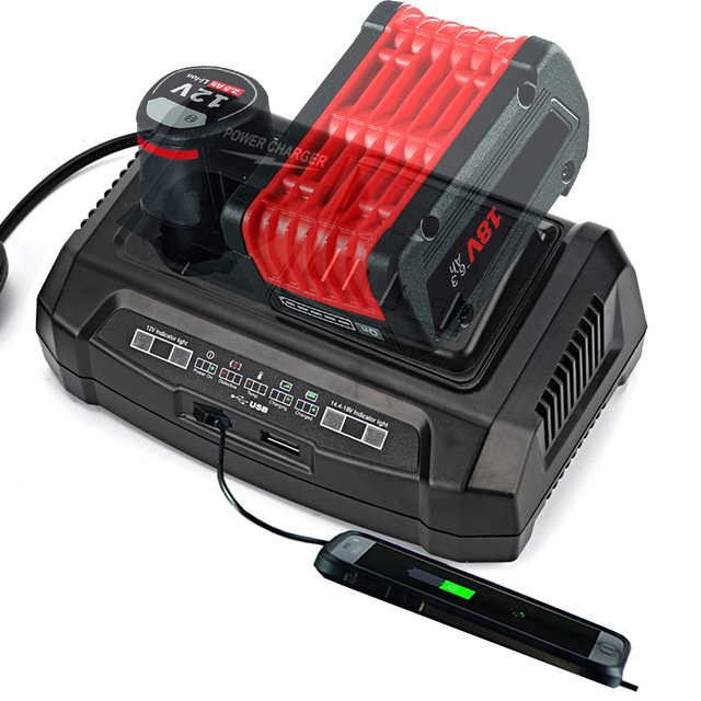 Battery Charger for BOSCH GAX1218V-30 18V/12V Dual-Bay Battery Charger With 2 * USB Port