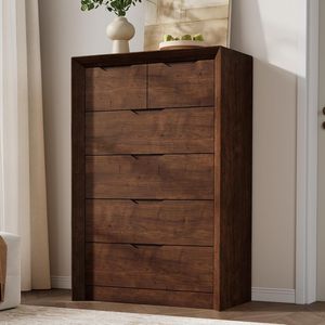 Tall Walnut Chest of <b>Drawers</b> <b>6</b> <b>Drawer</b> Vertical Dresser with Hidden Recessed Pull Handles Unique & Thickened Frame - Product Image 1