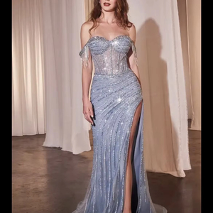 Püskül zarif boncuklu uzun balo elbise ile bayanlar seksi abiye kapalı omuz - Product Image 1