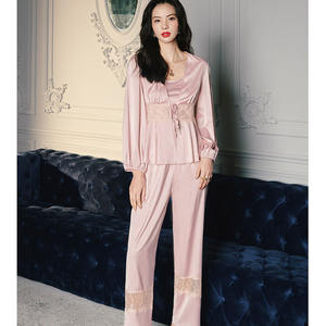 Pigiama in pizzo rosa a tre pezzi morbido di lusso da donna <span class=keywords><strong>2022</strong></span> - Product Image 2