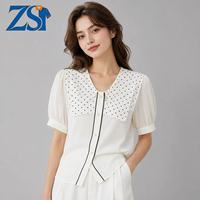 Chemisier Zesheng personnalisé pour femme à pois, col Claudine, manches courtes bouffantes, en mousseline, style doux français, patchwork, hauts d'été, chemise OEM