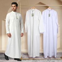 2026 Jubah Muslim Pria Bernapas Model Saudi Thawb Kerah Tegak Lengan Panjang Jubah Islami Arab untuk Sholat Idul Fitri dengan Kotak Hadiah
