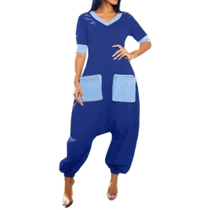 Mono informal de mezclilla con cuello en V, diseño de bloques de color y elástico, para mujer, a la moda - Product Image 4