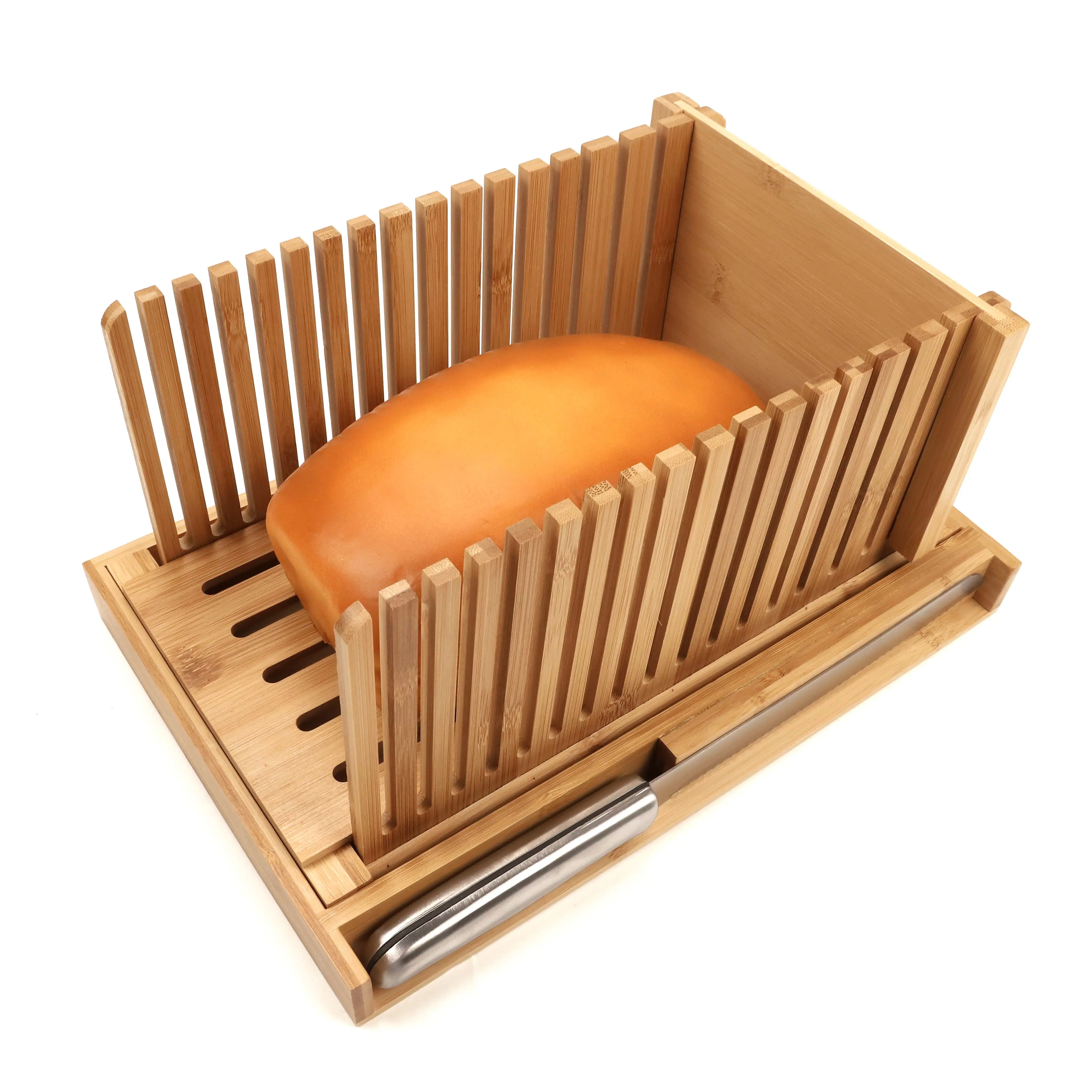 Ahşap ekmek kesme tahtası ekmek dilimleyici bıçak ve kırıntıları tepsi imalatı yüksek kalite ayarlanabilir bambu çin mutfak