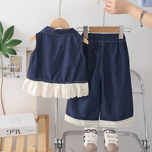 Conjunto de <span class=keywords><strong>dos</strong></span> piezas de pantalones de manga corta a rayas de verano para niñas, ropa informal delgada de moda para niños, uso diario - Product Image 3