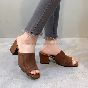 European American Women's Fashion Square Sandals New Cross-Border High Heel Wool Knitted Shoes With <b>Open</b> Counter Type - Product Image 4