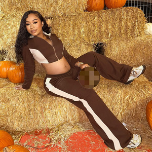 Весенний Женский Повседневный комплект из 2 предметов в стиле пэчворк на молнии с длинным рукавом с отложным воротником уличный топ с длинными брюками подходящие костюмы - Product Image 1