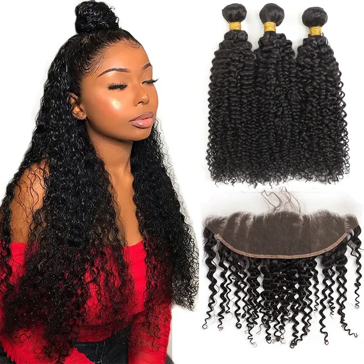 Unprocessed Human Hair Kinky Curl Brazilian Hair Bundles With Lace Closure Frontal