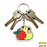 Porte-clés en acrylique grenouille verte mignonne câlinant une fraise, design animal et fruit, bord transparent, chaîne à anneau métallique, accessoire amusant sur le thème des collations