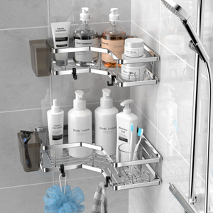 Drenaje de baño, 2 piezas por juego, estante organizador de esquina con cubo, estante de ducha triangular de hierro y plata montado en la pared - Product Image 6
