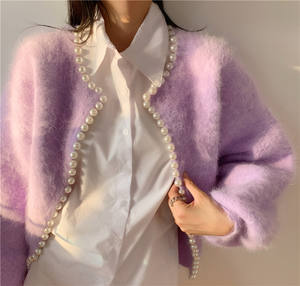 Hiver Nouveau Femmes Tricoté Français <span class=keywords><strong>Fait</strong></span> <span class=keywords><strong>Main</strong></span> Perle Chaude <span class=keywords><strong>Mohair</strong></span> Col Rond Manches Bouffantes Cardigan <span class=keywords><strong>Pull</strong></span> - Product Image 5