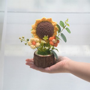 成品手工编织盆栽植物家居装饰针织人造向日葵花羊毛钩编羊毛塑料工艺品 - Product Image 3