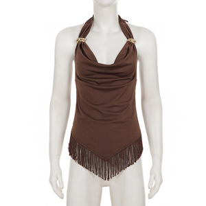 Streetwear Vintage Halter Neck Cowl Neck Tank <b>Top</b> Metal Ring Tassel <b>Patchwork</b> Slim Fit Sexy Spicy Girl Vest - Product Image 6