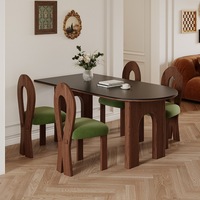 Table de salle à manger en pierre frittée noire mate de style français du milieu du siècle, table îlot en bois couleur noyer et chaise pour petit foyer