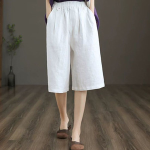 Cropped Casual Cotton Linen Wide Leg Pants Plus Size Women's Loose Fit Summer Style Ginger Yellow Black White Gray - Product Image 4