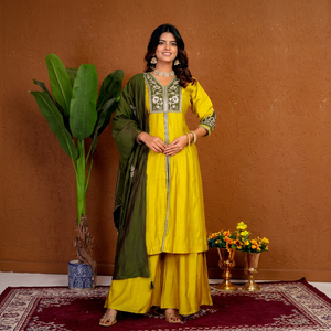 Conjunto de 3 Piezas Anarkali de Seda Romana para Mujer, Diseño de Diseñador, Bordado a Mano y con Hilos Múltiples, Sin Arrugas, Secado Rápido, para Todas las Temporadas - Product Image 1