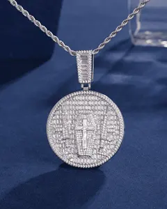 Christian Jesus Design Round Pendant Iced Out Gun Cross Necklace Hip Hop Jewelry