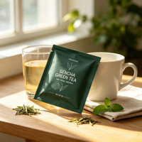 Sachet d'emballage alimentaire plat écologique à trois soudures latérales, petit sachet de thé avec encoche de déchirement et fermeture éclair