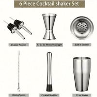 MHK64 Ensemble de shaker à cocktails 6 pièces : shaker, passoire, pilon, doseur, cuillère à mélanger, becs verseurs – Kit de barman et accessoires de bar