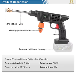 DTWA5-0001 Lavadora de Coches de Alta Presión <span class=keywords><strong>Pistola</strong></span> de Lavado Portátil Inalámbrica Máquina de Limpieza Eléctrica con Batería de Litio <span class=keywords><strong>Pistola</strong></span> Rociadora de Agua - Product Image 5