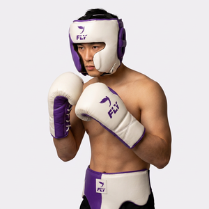 Guantes de MMA OEM ODM FLY Morados/Blancos Crema Personalizados, Conjunto de Boxeo con Cordones, Protector de Cabeza, Protector Inguinal y Agarraderas para Hombre - Product Image 1