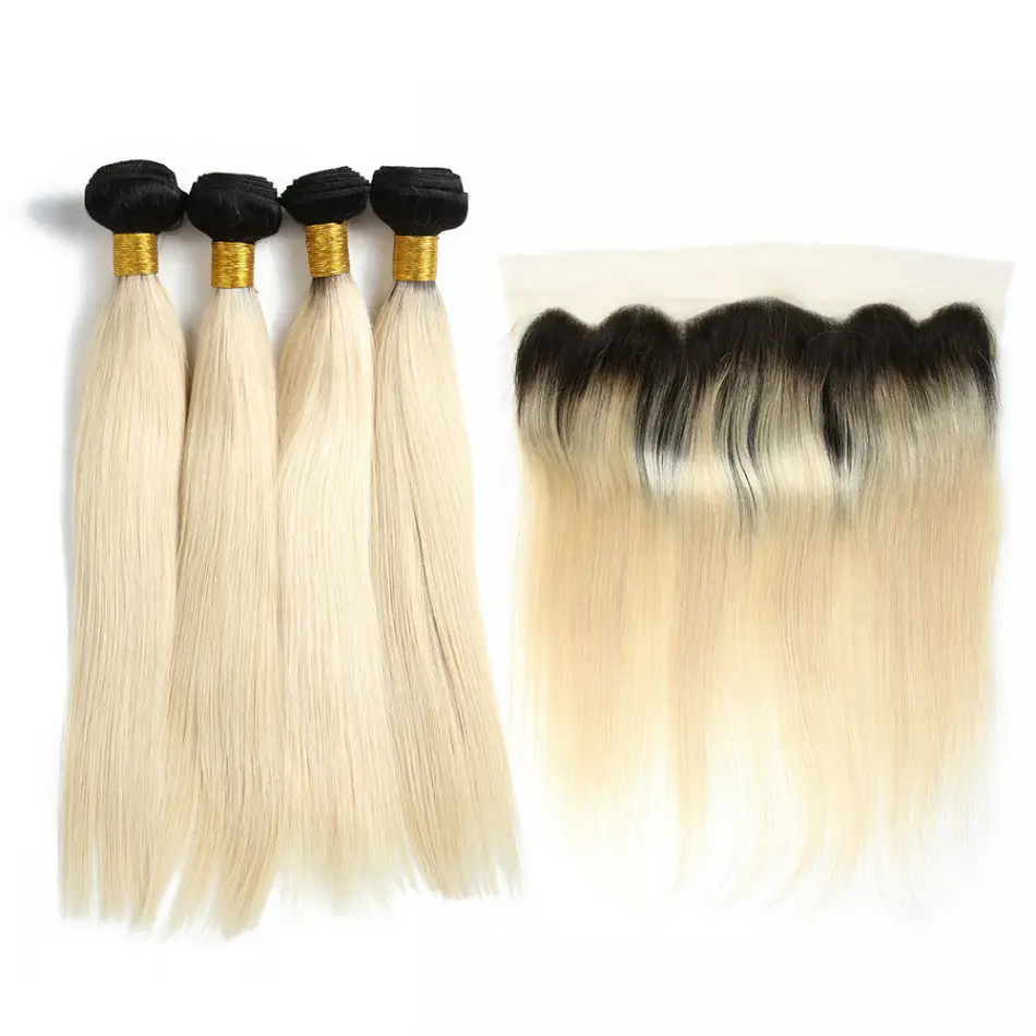 Colored Ombre 613 Blonde Raw Indian Human Hair Extensions Straight Hair Bundles With Lace Frontal Closure