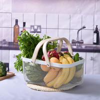 Panier de rangement rectangulaire en métal XWX pour pique-nique, fruits, légumes et articles divers, avec poignée en bambou