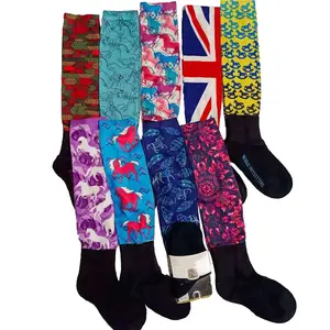 Custom wholesale Fashion Printing Long Knee High Polyester Thick Terry Cushion Horse Equestrian Boots Riding Socks