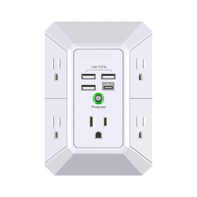 4.8A 5-Outlet Wall Charger 4 USB Ports 3-Sided Surge Protector Power Strip with Camera & Earphone Support
