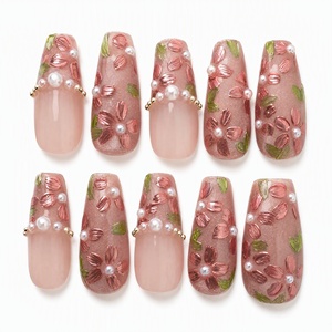 Uñas Postizas 3D con Diseño Floral Rosa y Perlas, Uñas Artificiales de Cobertura Completa, Pre-Diseñadas, Removibles, Extensiones de Uñas de Plástico para Dedos - Product Image 1