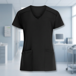 Haut de blouse médicale noir à col en V pour femme avec poches, en polyester tricoté, uniforme d'hôpital, personnalisable avec logo, prix raisonnable - Product Image 3
