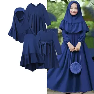 Fuyu 2PCS Abaya Muslim Prayer Solid Color Garment Maxi Dress Set Children Dresses Kafan Robe