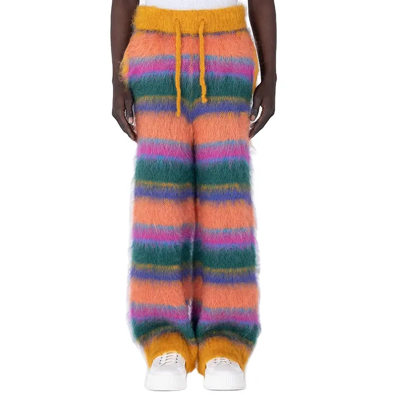 Custom OEM   ODM Men's Loose Pants   Trousers men knitwear Furry knit sweater winter Drawstring warm Knitted mohair pants