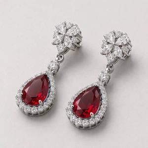 Eleganti Orecchini Pendenti a Fiore con Zirconi Rossi Taglio Pera, Gioielli Classici da Sposa per Donne - Product Image 2