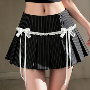 School style <b>low</b>-<b>waisted</b> striped pleated <b>skirt</b> with contrast lace paneling bowknot and button placket A-line short <b>skirt</b> - Product Image 2