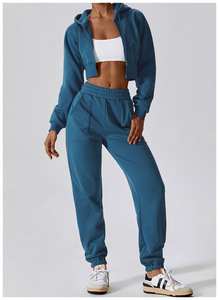 Heavyweight Terry Autumn 100% Cotton Breathable Casual <b>Crop</b> <b>Zip</b>-<b>Up</b> Hoodie and Joggers Set with Front Logo for Women - Product Image 2