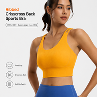 Soutien-gorge de sport côtelé pour femme avec logo personnalisé, coussinets fixes, bretelles croisées au dos, maintien élevé, idéal pour le yoga et l'entraînement, coupe courte
