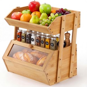 Boîte à pain double couche en bambou Guorui avec support à fruits, organiseur de rangement de cuisine en bois pour comptoir, multifonctionnel 3 niveaux - Product Image 1