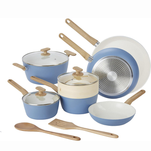 Ensemble de casseroles de haute qualité avec revêtement céramique, compatible gaz et induction, couvercle en verre, passe au lave-vaisselle et au four, poignée en bois douce au toucher - Product Image 1