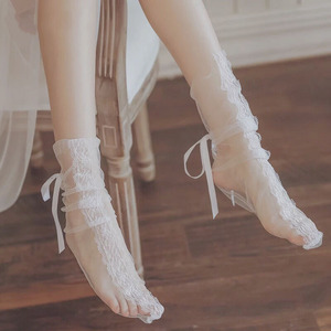 Calcetines de encaje sexy transparentes con lazo de lujo y volantes, estilo Lolita, ultrafinos, vintage, huecos, para <span class=keywords><strong>mujer</strong></span> - Product Image 5