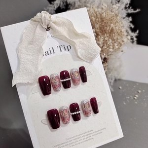 Hecho a mano cuadrado acrílico ABS Material a granel venta al por mayor 3D ataúd corto prensa de <span class=keywords><strong>uñas</strong></span> Simple <span class=keywords><strong>vino</strong></span> rojo francés perla Halal dedo - Product Image 1